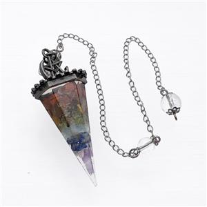 Gemstone Chakra Chips Resin Pendulum Pendant With Chain Antique Silver, approx 24-55mm, 8mm, 20cm length