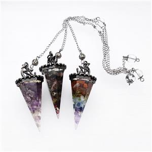 Gemstone Chips Resin Pendulum Pendant With Chain Antique Silver Mixed, approx 24-55mm, 8mm, 20cm length