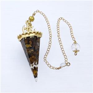 Tiger Eye Stone Chips Resin Pendulum Pendant With Chain Gold Plated, approx 24-55mm, 8mm, 20cm length