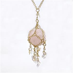 Pink Rose Quartz Sphere Necklace Copper Chain Wrapped Gold Plated, approx 25mm, 8mm, 12mm, 19cm length