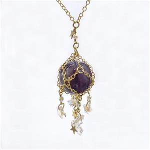 Purple Amethyst Sphere Necklace Copper Chain Wrapped Gold Plated, approx 25mm, 8mm, 12mm, 19cm length