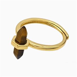 Gemstone Rings With Tiger Eye Stone Prism Adjustable Gold Plated, approx 4-17mm, 18mm dia