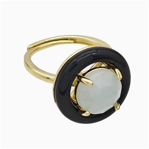 Copper Rings Pave Crystal Quartz Black Enamel Adjustable Gold Plated, approx 10mm, 18mm, 18mm dia