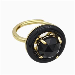 Copper Rings Pave Black Obsidian Black Enamel Adjustable Gold Plated, approx 10mm, 18mm, 18mm dia