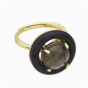 Copper Rings Pave Labradorite Black Enamel Adjustable Gold Plated, approx 10mm, 18mm, 18mm dia