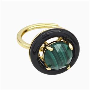 Copper Rings Pave Malachite Black Enamel Adjustable Gold Plated, approx 10mm, 18mm, 18mm dia