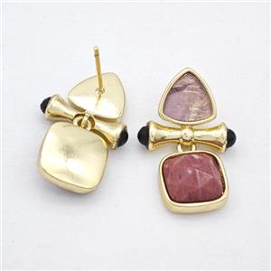 Copper Stud Earrings Pave Gemstone Triangel Square Gold Plated, approx 10mm,11mm, 25mm