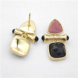 Copper Stud Earrings Pave Gemstone Triangel Square Gold Plated, approx 10mm,11mm, 25mm