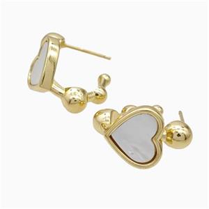 Copper Heart Stud Earrings Pave White Shell Gold Plated, approx 12mm, 14mm dia