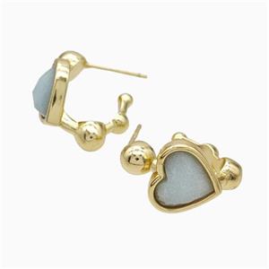 Copper Heart Stud Earrings Pave Blue Amazonite Gold Plated, approx 12mm, 14mm dia