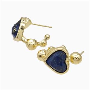 Copper Heart Stud Earrings Pave Lapis Lazuli Gold Plated, approx 12mm, 14mm dia