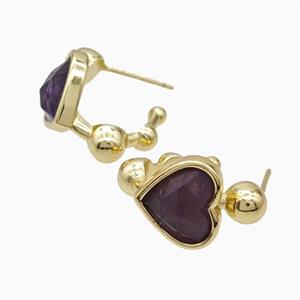 Copper Heart Stud Earrings Pave Purple Amethyst Gold Plated, approx 12mm, 14mm dia