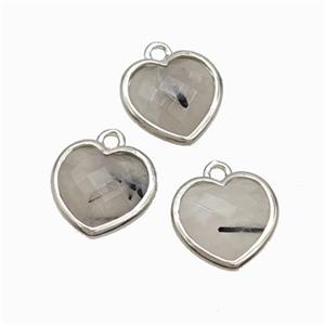 Natural Black Rutilated Quartz Heart Pendant Faceted Platinum Plated, approx 10mm