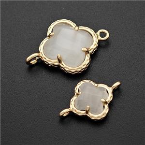 White Cats Eye Glass Clover Connector Gold Plated, approx 14mm