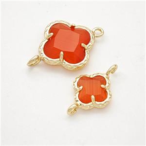 Red Cats Eye Glass Clover Connector Gold Plated, approx 14mm