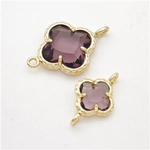 Purple Crystal Glass Clover Connector Gold Plated, approx 14mm