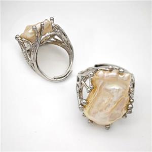 Copper Ring Pave Pearl Adjustable Platinum Plated, approx 20-25mm, 18mm dia