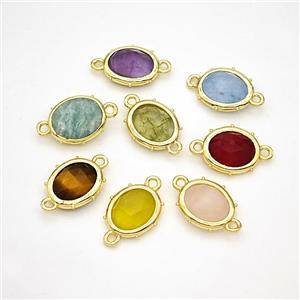 Mix Gemstone Oval Connector Gold Plated, approx 10-12mm