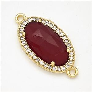 Red Dye Jade Oval Connector Copper Pave Zirconia Gold Plated, approx 12-19mm