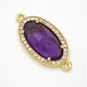 Natural Purple Amethyst Oval Connector Copper Pave Zirconia Gold Plated, approx 12-19mm