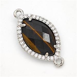 Natural Tiger Eye Stone Eye Connector Copper Pave Zirconia Platinum Plated, approx 14-20mm