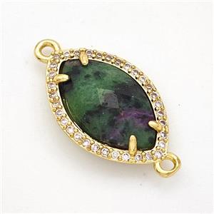 Green Zoisite Eye Connector Copper Pave Zirconia Gold Plated, approx 14-20mm