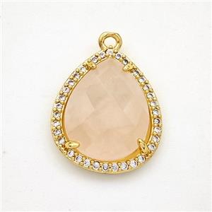 Natural Pink Rose Quartz Teardrop Pendant Copper Pave Zirconia Gold Plated, approx 15-18mm