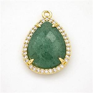 Natural Green Strawberry Quartz Teardrop Pendant Copper Pave Zirconia Gold Plated, approx 15-18mm