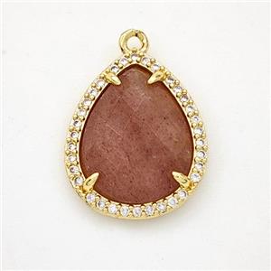 Natural Pink Strawberry Quartz Teardrop Pendant Copper Pave Zirconia Gold Plated, approx 15-18mm