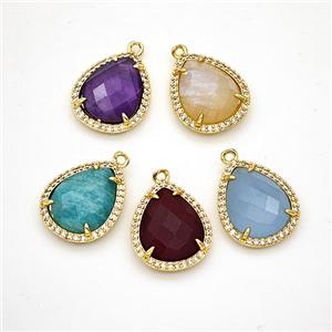 Gemstone Teardrop Pendant Copper Pave Zirconia Gold Plated Mixed, approx 15-18mm