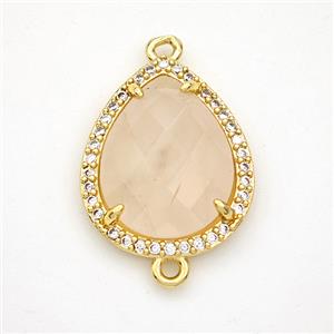 Pink Rose Quartz Teardrop Connector Copper Pave Zirconia Gold Plated, approx 15-18mm