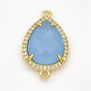 Blue Dye Jade Teardrop Connector Copper Pave Zirconia Gold Plated, approx 15-18mm