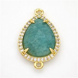 Green Amazonite Teardrop Connector Copper Pave Zirconia Gold Plated, approx 15-18mm