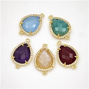 Gemstone Teardrop Connector Copper Pave Zirconia Gold Plated Mixed, approx 15-18mm