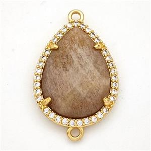 Peach Sunstone Teardrop Connector Copper Pave Zirconia Gold Plated, approx 16-20mm