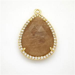 Peach Sunstone Teardrop Pendant Copper Pave Zirconia Gold Plated, approx 19-25mm