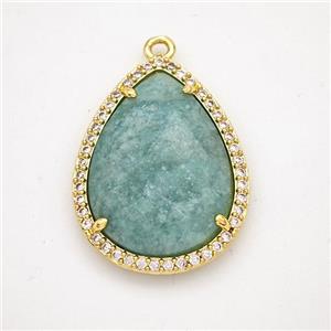 Green Amazonite Teardrop Pendant Copper Pave Zirconia Gold Plated, approx 19-25mm