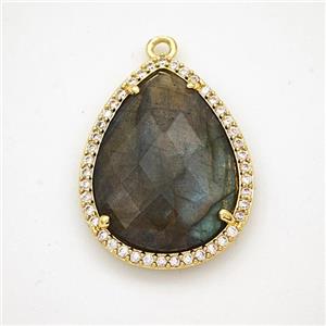 Labradorite Teardrop Pendant Copper Pave Zirconia Gold Plated, approx 19-25mm