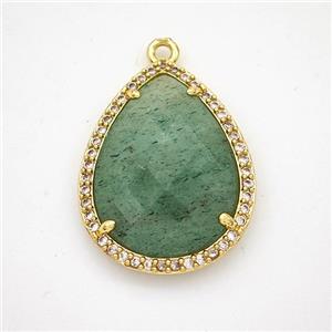 Green Strawberry Quartz Teardrop Pendant Copper Pave Zirconia Gold Plated, approx 19-25mm