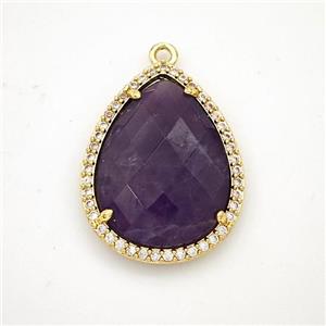 Purple Amethyst Teardrop Pendant Copper Pave Zirconia Gold Plated, approx 19-25mm