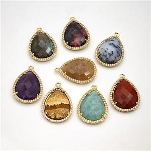 Natural Gemstone Teardrop Pendant Copper Pave Zirconia Gold Plated Mixed, approx 19-25mm