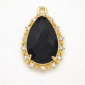 Black Obsidian Teardrop Pendant Copper Pave Zirconia Gold Plated, approx 15-20mm