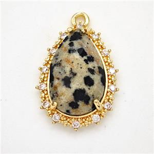 Black Dalmatian Jasper Teardrop Pendant Copper Pave Zirconia Gold Plated, approx 15-20mm