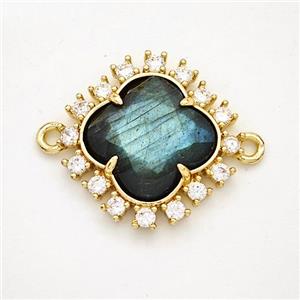 Natural Labradorite Clover Connector Copper Pave Zirconia Gold Plated, approx 20mm