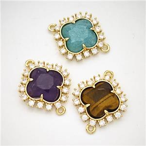 Natural Gemstone Clover Connector Copper Pave Zirconia Gold Plated Mixed, approx 20mm