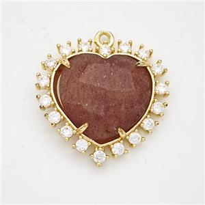 Natural Strawberry Quartz Heart Pendant Copper Pave Zirconia Gold Plated, approx 20mm