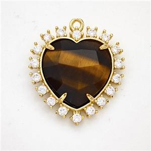 Natural Tiger Eye Stone Heart Pendant Copper Pave Zirconia Gold Plated, approx 20mm