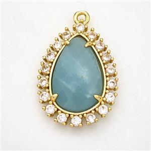 Blue Amazonite Teardrop Pendant Copper Pave Zirconia Gold Plated, approx 17-22mm