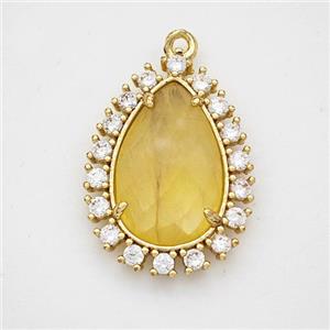 Yellow Dye Jade Teardrop Pendant Copper Pave Zirconia Gold Plated, approx 17-22mm