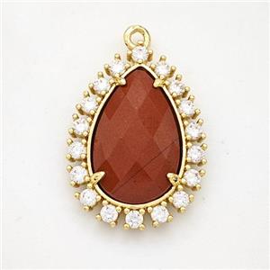 Red Jasper Teardrop Pendant Copper Pave Zirconia Gold Plated, approx 17-22mm